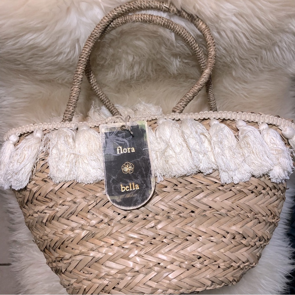 Flora Bella Wilmington Straw Woven Beach Bucket Bag w/fringe,NWT